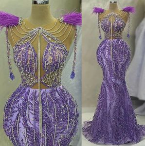 May Aso Ebi Lavender Mermaid Prom Crystals Feather Beaded Evening Formal Party Second Reception Birthday Engagement Gowns Dress Robe De Soiree Zj262 407
