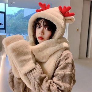 2020 of the bear ear protection hat female cute hat scarf one-piece female gloves three-piece thick warm double-layer cold-pro319v