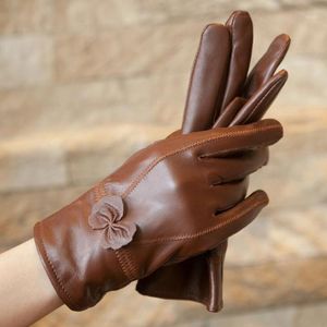 Five Fingers Gloves Female Genuine Leather Sheepskin Butterfly Knotl Women Winter Thin/Thick Plus Plush Cashmere Warm Bow Driving L74