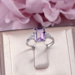 Cluster Rings Fine Jewelry For Women Amethyst Sterling Silver S925 9 7mm Natural Gemstone Adjustable Rectangle Purple Ring R-AM006