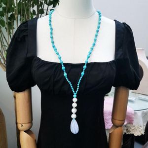 Pendant Necklaces Lii Ji Real Stone Blue Turquoises Women Necklace Pearl Lace Agates 86cm Stock Sale Jewelry