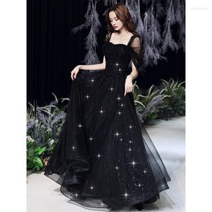 Party Dresses Black Square Collar Prom For Women Talle Sleeve Shining Floor-Length Pageant Gown Back Bandage Slim Banket