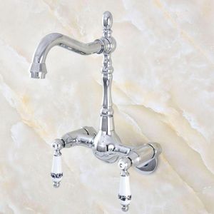 Bathroom Sink Faucets Polished Chrome 3-3/8" Wall Mounted Type Basin Wash Of Cold Water Double Style Faucet Round Base Nqg203