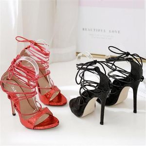 Sandals Mature PU Solid Women Lace-Up Thin High Heel Cover Round Toe Wedding Daily Party Black Red Size 35-40