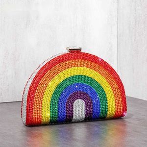 Borse a tracolla Rainbow Color Crystal Pochette da sera Festa di nozze Boutique da donna Mezza luna Borse e borsette con strass Designer di lusso 230426