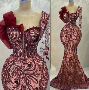 2023 maja ASO EBI Burgundy Mermaid Sukienka PROM Kryształy Seksowne wieczór Formalne przyjęcie Drugie przyjęcie urodzinowe suknie zaręczynowe sukienka szata de soiree ZJ265