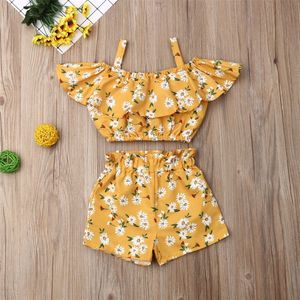 衣料品セットESTファッション夏の幼児の女の子の服を肩のフリルスリングクロップトップショートパンツ2pcs衣装230512