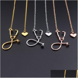 Collane con ciondolo Collana con stetoscopio Lariat Cuore Oro rosa Colore nero Più recente Infermiera Medical Collares Bijoux Drop Delivery Dhgarden Dlyo