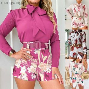 Kvinnors spårningsdräkter Floral Print Track Suits Woman 2022 Summer Long Sleeve V Neck Top Casual Shorts Set With Belt Women Outfits 2 Pieces Set T230515