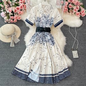 2023 Summer New Light Mature Retro Print Dress POLO Collar Single breasted Dress Elegant and Elegant Style Large Swing Long Skirt