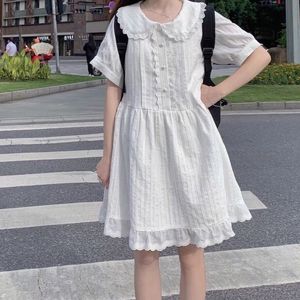 Casual Dresses Qweek Kawaii White Lolita Dress Women Soft Girl Sweet Princess Ruffle Elegant Dresses Peter Pan Colalr Button Summer 230515