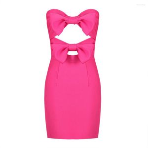 Casual Dresses 2023 High Quality Winter Pink Strapless Hollow Out Bandage Mini Dress With Bows Party Evening Wholesale Dropship