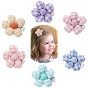 16152 Europa Meninas meninas Clipe de cabelo de flores Crianças de pano xadrez de algodão doce Barrette Candy Barrettes Crianças acessórios de cabelo