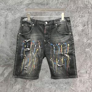 Jeans masculino Summer Hip Hop Black Short Jean para homens American Street Style Fashion Color Splash Designer pintado de designer rasgado