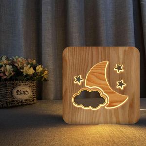 Luzes noturnas de madeira macia hollow esculpida estrela lua e nuvens 3D Luz LED USB Lâmpada de mesa de mesa para crianças Bedroom de presente decoração