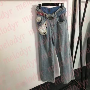 Fashion Patchwork Jeans Womens Hole Denim Pants Embroidery Letter Straight Trousers