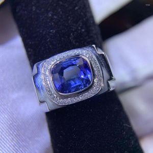 Cluster Ringe Y401 Feiner Schmuck Echt 18 Karat Gold Natürlicher 3,14 ct Blauer Saphir Edelstein Diamanten Stein Männlicher Ring für Männer