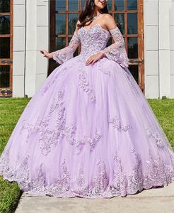 Quinceanera sukienki Princess Purple Sweetheart Appliques Ball Suknia z długim rękawem z tiulową koronką U-UP plus size słodka 16 debiutanta przyjęcie urodzinowe vestidos de 15 anos 124