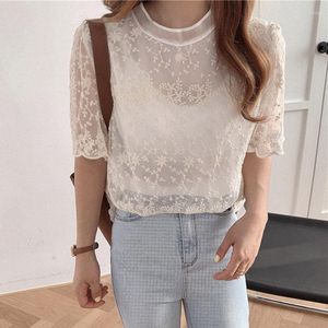 Women's Blouses Floral Embroidery Summer Blouse Women Stand Neck Short Sleeve Casual White Shirts Tops Korean Lace Elegant Office Lady Z656