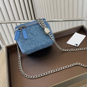 Womens Blue Denim Camellia Vanity Box Bags With Mirror Crush Heart Bead Silver Metal Hardware Chain Crossbody Shoulder Handbags Outdoor Sacoche Purse 12X10CM