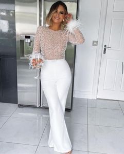 Women's Two Piece Pants Jumpsuit Women Elegant Prom Jumpsuit Feather Sequins Long Sleeve Pantsuit Bodysuit Overalls Evening Party Women Suit 230512