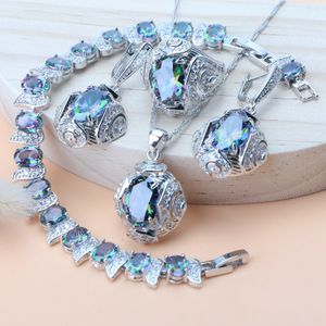 Hochzeit Schmuckstücke Regenbogen natürlicher Zirkonschmuck Sets 925 Sterling Silber Frauen Hochzeit Schmuckohrringe Armbänder Ringe Anhänger Halskette Set 230512