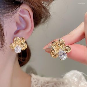 Dangle Earrings Minar Sweet Shiny CZ Cubic Zirconia Flower Drop For Women Gold Plated Copper Pleated Floral Brincos