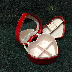 Jewelry Pouches Portable Storage Box Heart Shaped PU Leather Travel Case For Ring Compartments With Mirror Two Layers