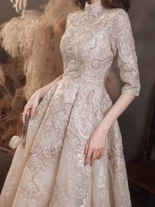 Party Dresses Luxury Champagne Lace Long Evening Half Sleeves Pärled Elegant Formell High Neck Aline Wedding Celebrity Prom Clows 230515