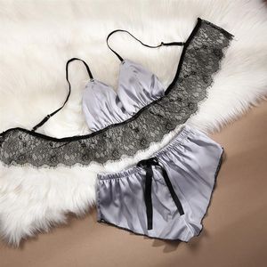 Women's Sleepwear Women Sexy Set With Lace Edge High Quality Silk Satin Pajamas