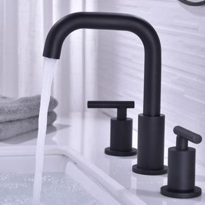 Rubinetti per lavabo da bagno Rubinetto 2 Maniglia 8 pollici Wideswide Rubinetto per lavabo montato su piano nero freddo spazzolato oro con scarico