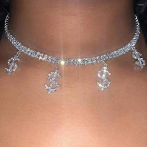 Chains Punk Statement Crystal Dollar Sign Necklace For Women Gold Silver Color Full Rhinestone Paved Tennis Chain Choker Party Jewelry