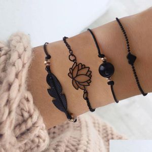 Charm Bracelets 2021 New Fashion 4Pcs Gothic Black Feather Lotus Set Heart Boho Bangles For Women Wrist Chain Bracelet Drop D Dhgarden Dhahs