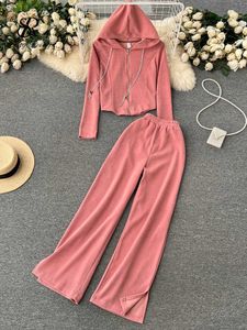 Women's Two Piece Pants Singiny Fashion Casual Women's Sports Sets Long Sleeve Hooded Top + Split Wide Leg Pants 2023 Spring Solid Two Piece Suits P230515