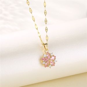 Korean Fashion Pink Crystal Sakura Pendant Stainless Steel Necklaces For Women Cute Romantic Female Wedding Jewelry Neck Chain