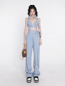Calça de duas peças femininas jeans Jeans Design Design de garotas Suspenders Cruzes Cruzes de pernas largas Moda Moda Summer Hollow Out Preppy