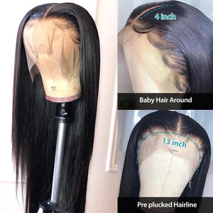 Peruca dianteira do laço completo cabelo humano pré penteado 36 polegada preto borda reta peruca dianteira do laço das mulheres hd peruca sintética do laço