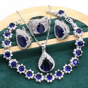 Bröllopsmycken set Royal Blue Sapphire 925 Sterling Silver smycken Set för kvinnor armband hoop örhängen halsband hänge 230512