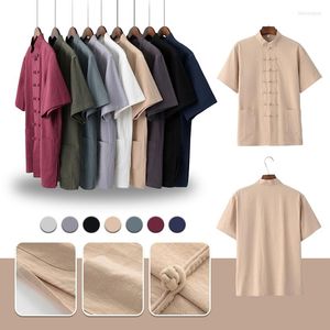 Camisas casuais masculinas estilo chinês Tang Suit Summer Linen de algodão respirável Camisa de manga curta retro Top M-4xl