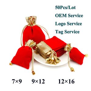 Takı Torbaları Torbalar 7x9 10x12 12x16 50pcslot zarif kırmızı kadife torba hediye çizme cep çantası düğün şekeri Mücevher çantası özelleştirebilir 230512
