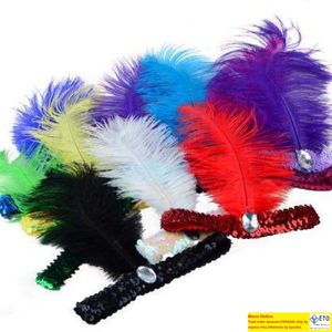 Ostrich Feather Headband Party Supplies Flapper Sequin Charleston Costume pannband Band Ostrichfeather Elastic Headdess till försäljning