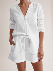 Kvinnors sömnkläder 100%bomullshöstens sömnkläder med shorts Pijama Pocket Nightwear Single Breasted Women's Nightgown Full Sleeve Women Pyjama 230515