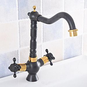Bathroom Sink Faucets Kitchen Dual Handle Swivel Faucet Black Gold Brass Mixer Tap With And Cold Water Deck Mounted Nsf794