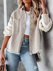 Women's Jackets Boho Inspired Cable Knit Sleeve Denim Jacket Button Up long sleeve Jean Jacket Coat women autumn winter Shackets women 230515