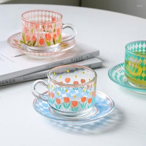Placas Plato de jantar de vidro Padrão de tulipa xícara de café e pires a pires Aceso aulas de chá conjunto de utensílios de chá coreano