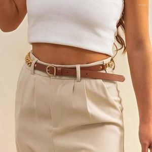 Bälten 2023 Summer Fashion Punk Style Justerbart jeans läderbälte för kvinnor Hip Hop Brown Pu Metal Belly Button Gift