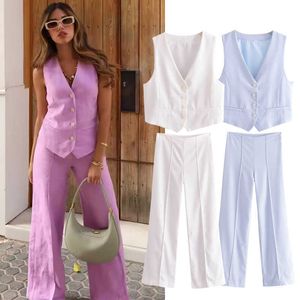 Damen Zweiteiler Hosen Hosen Set Sommer 2023 Neue Anzüge Damen Chic Slim V-Ausschnitt Weste Hosen 2 Stück Set Elegant Freizeit Straße Urlaub Anzug Damen P230515