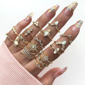 Bohemian sPunk tyle 17 piece set rings Water Diamond Gold Resin Inlaid Ring