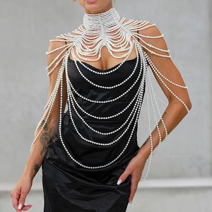 Pendant Necklaces Women's pearl shawl necklace body chain sexy pearl necklace shoulder pearl bra top sweater wedding dress body jewelry 230512