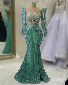 ASO EBI 2023 Arabiska pärlor Crystals Prom Dress Mermaid Sequined Lace Evening Formal Party Second Reception födelsedagsengagemang klänningar klänningar mantel de soiree sh043